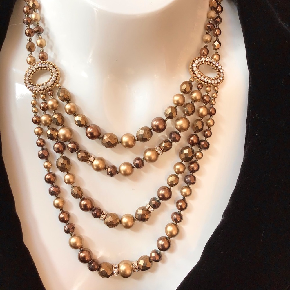 Vintage Monet 4 Strand Bronze or Gold Pearl Bead and Crystal Necklace